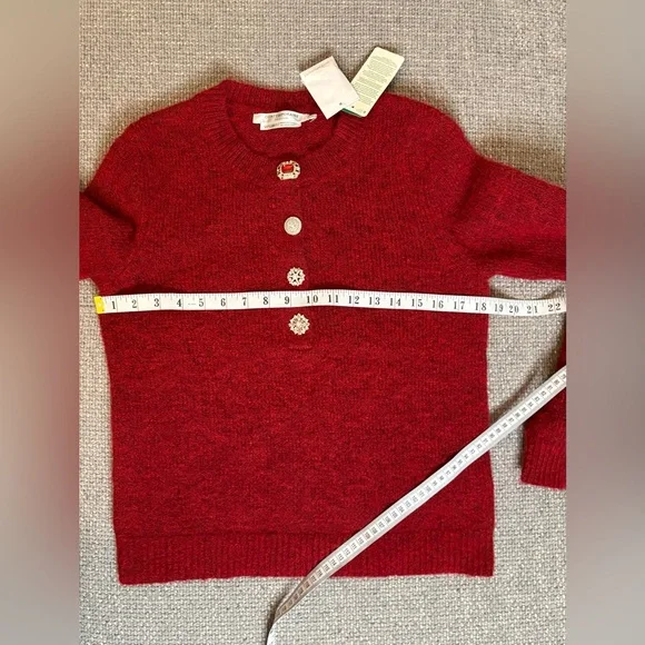 Simons Jewel Button Fuzzy Knit Sweater Red Size XS Statement Button Cardigan - Picture 5 of 13